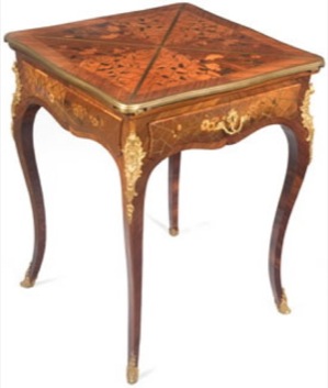 A Louis XV Style Ormulu-Mounted Brass-Inlaid Kingwood Marquetry Handkerchief Table‚ Attributed to Ferdinand Duvinage